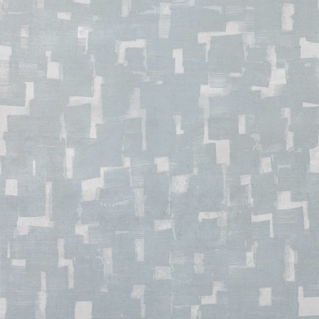 Pale blue-grey sisal wallcovering with off-white abstract block marks and fine texture