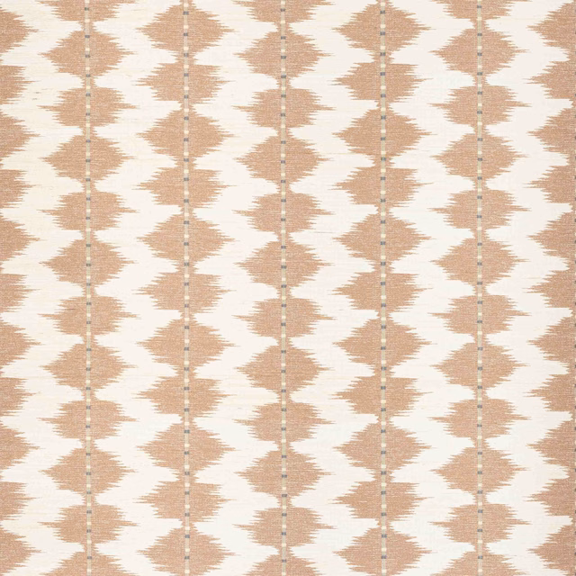 Cream raffia wallpaper with muted copper ikat motifs and fine vertical dotted lines