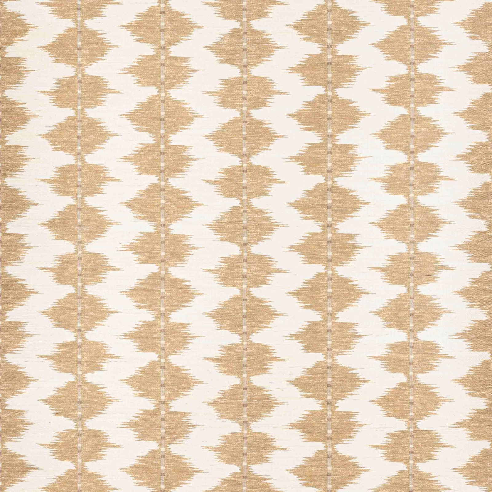 Warm sandy-gold raffia wallpaper with ivory ground and jagged vertical ikat motifs