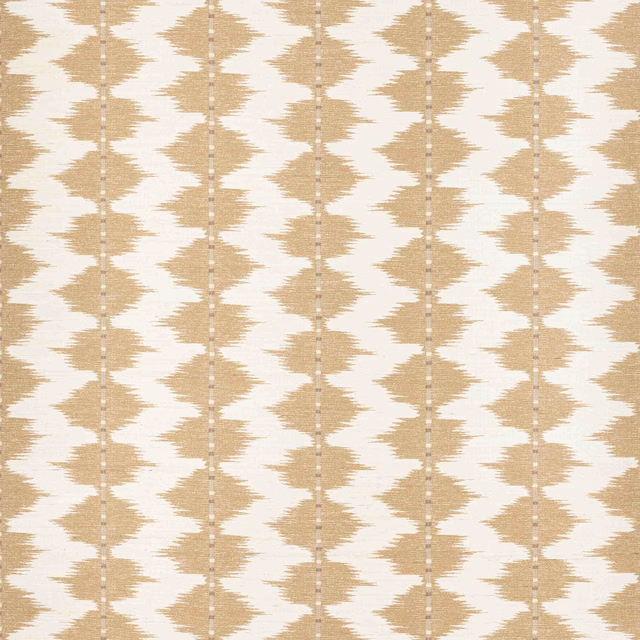 Warm sandy-gold raffia wallpaper with ivory ground and jagged vertical ikat motifs