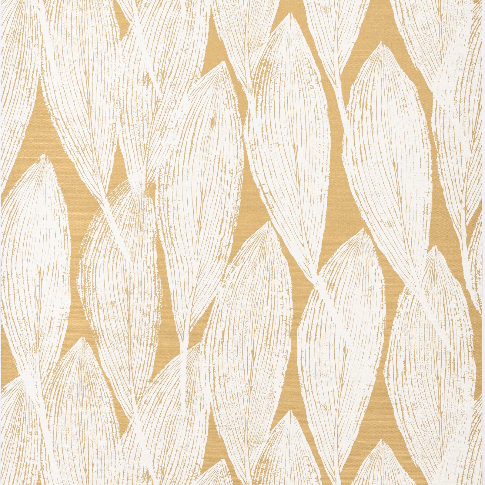 Warm gold sisal wallpaper with large chalky ivory striated leaf motifs