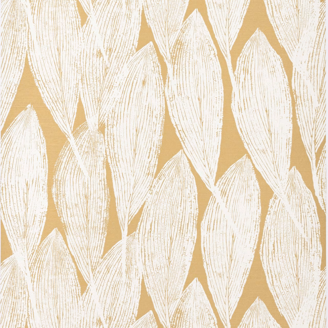 Warm gold sisal wallpaper with large chalky ivory striated leaf motifs