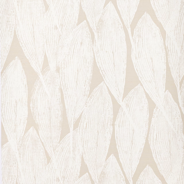 Warm beige sisal wallpaper with large ivory leaves and fine fibrous line detailing