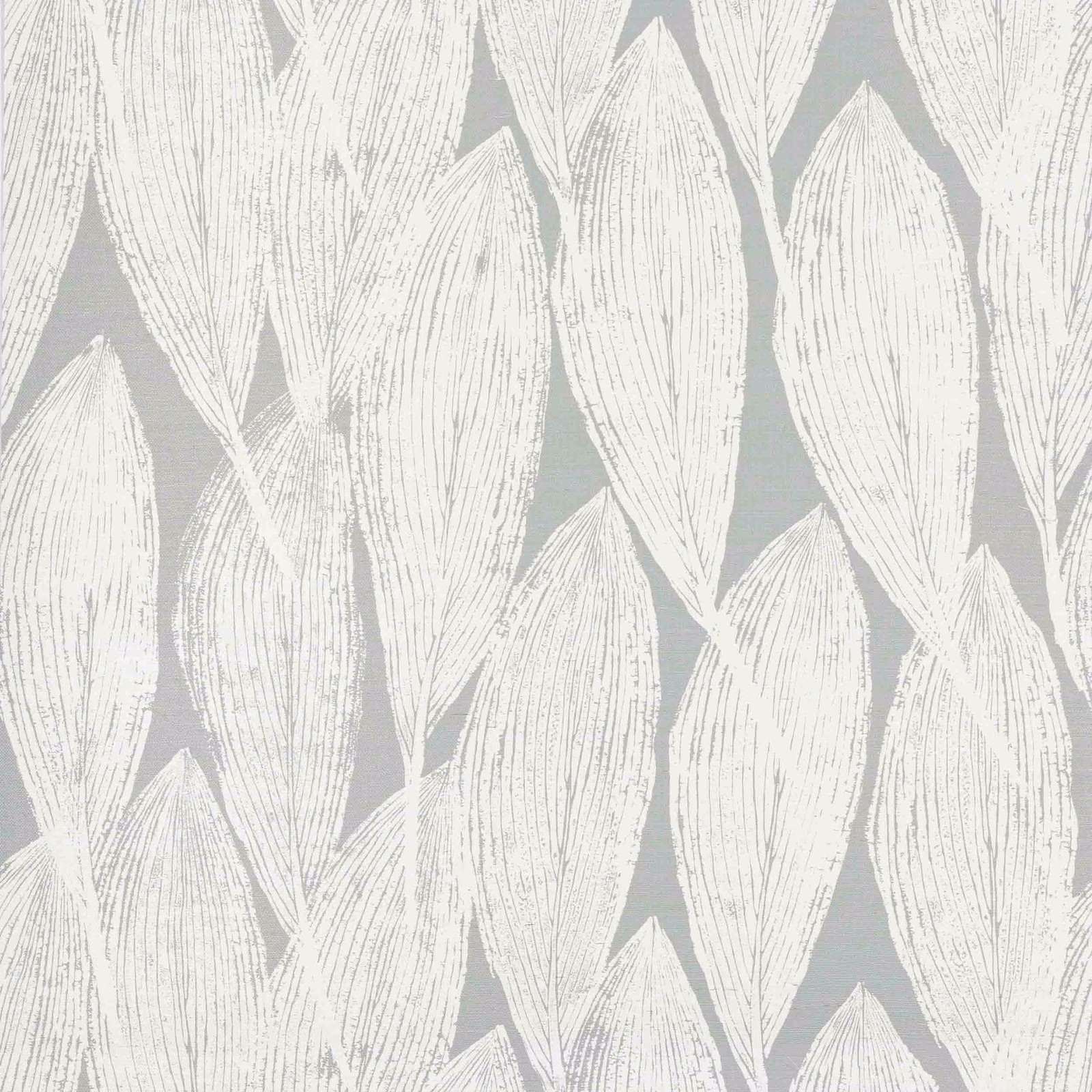 Pale ivory leaf motifs on a muted sea-glass blue-green sisal wallcovering
