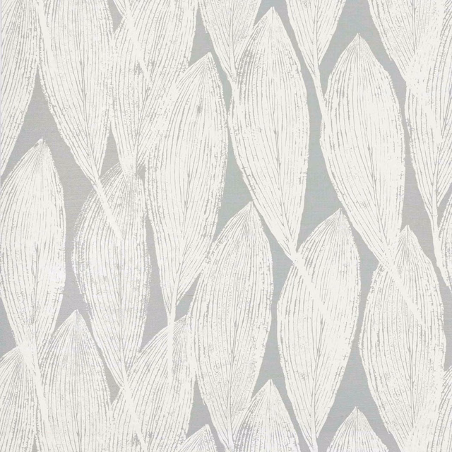 Pale ivory leaf motifs on a muted sea-glass blue-green sisal wallcovering