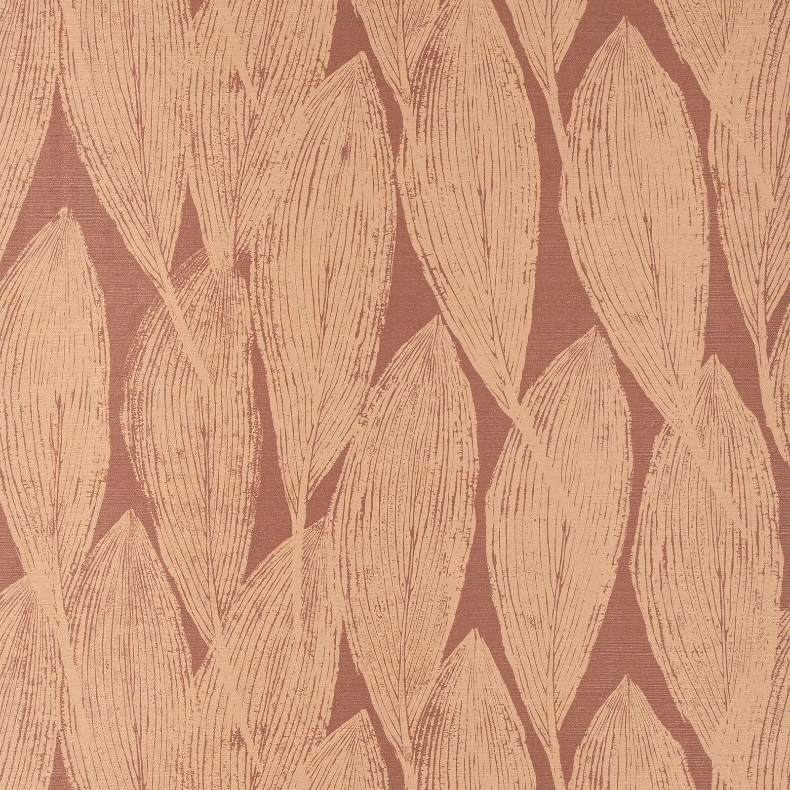 Warm terracotta wallpaper with oversized pale sisal leaves and fine linear texture