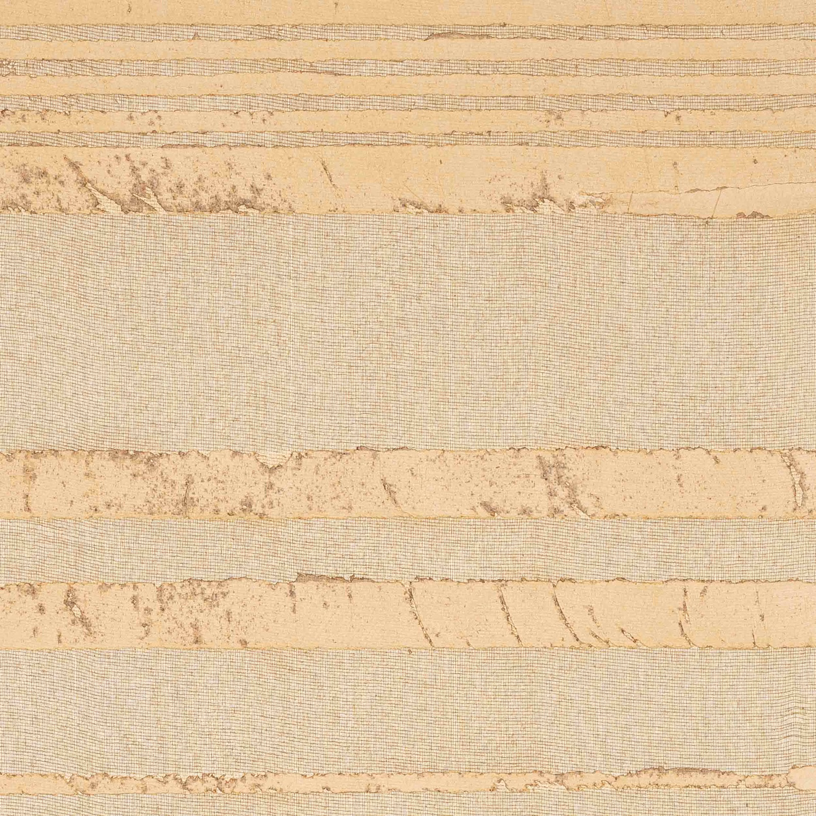 Warm straw beige wallcovering with distressed horizontal bands and fine ribbed texture