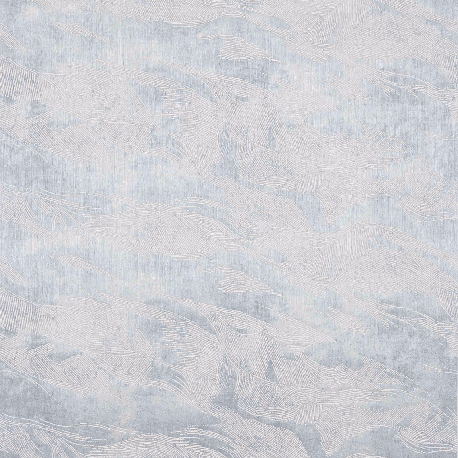 Pale blue-grey wallpaper with chalky white sweeping linear wave motifs and cloudy texture