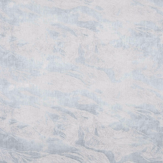 Pale blue-grey wallpaper with chalky white sweeping linear wave motifs and cloudy texture