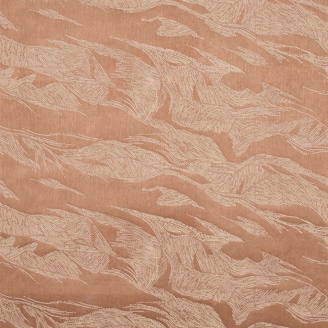 Muted copper wallcovering with ivory flowing leaf motifs and fine contour lines