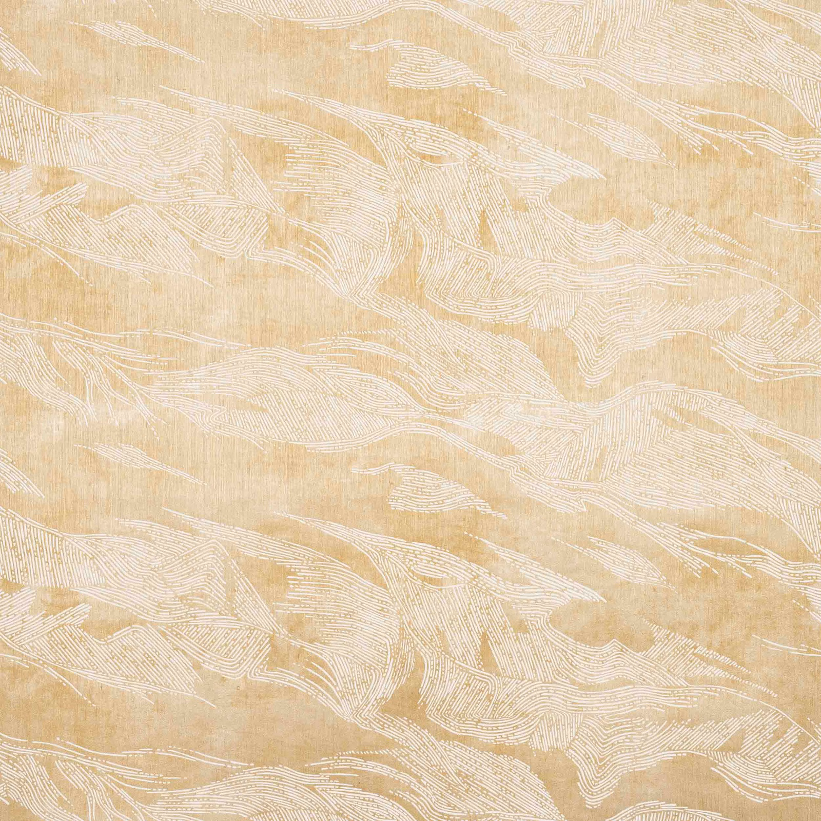 Muted gold wallcovering with sweeping ivory feather-like linear motifs and subtle tonal texture