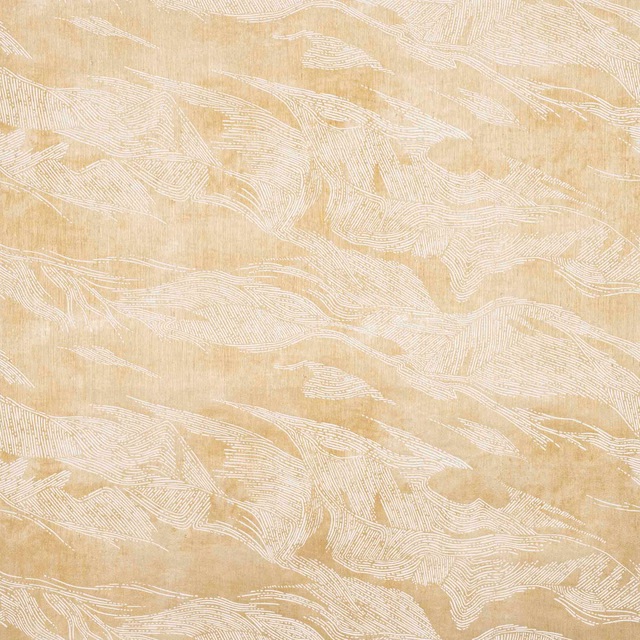 Muted gold wallcovering with sweeping ivory feather-like linear motifs and subtle tonal texture