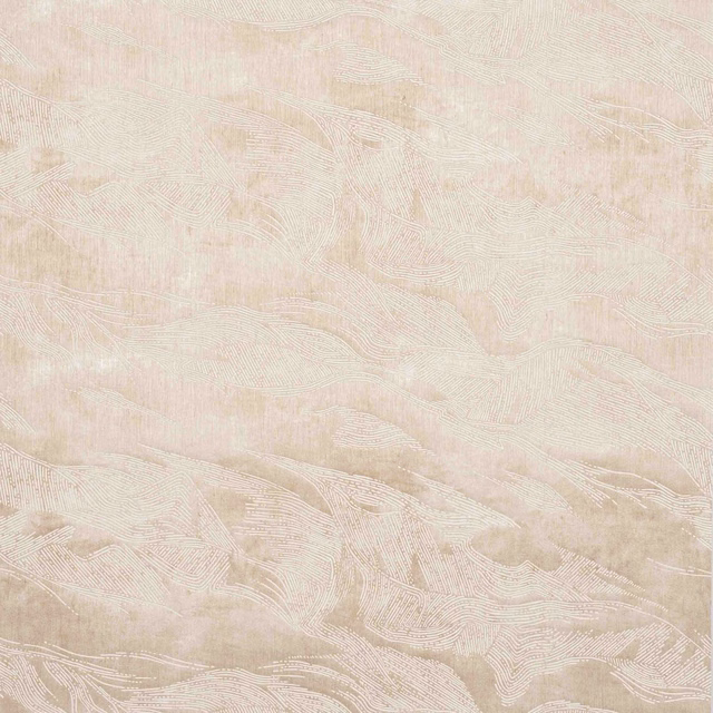 Pale sand wallcovering with fine ivory contour lines and flowing abstract bands