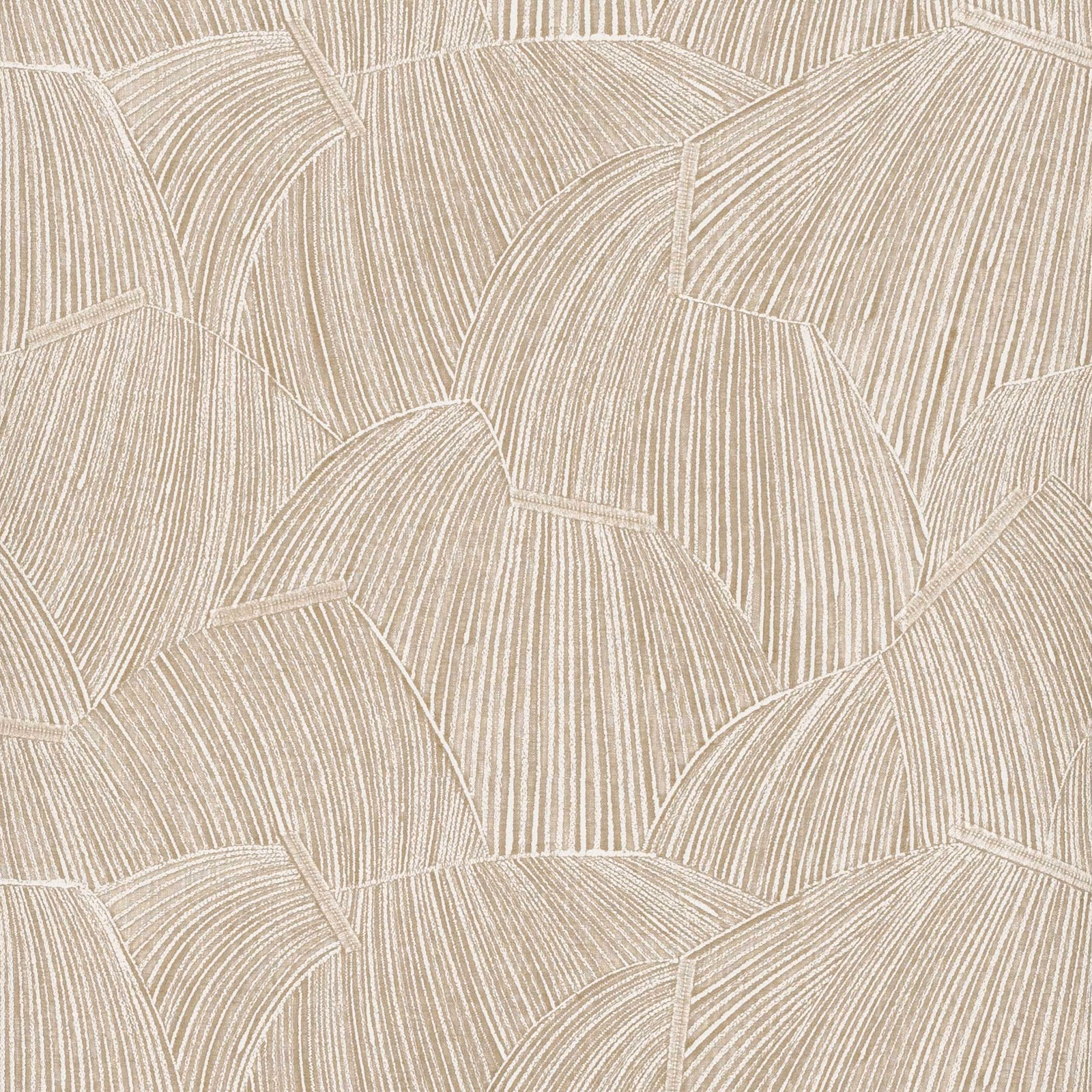 Warm birch-beige wallpaper with overlapping fan motifs and fine curved lines