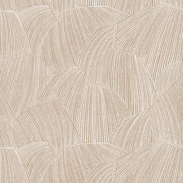 Warm birch-beige wallpaper with overlapping fan motifs and fine curved lines