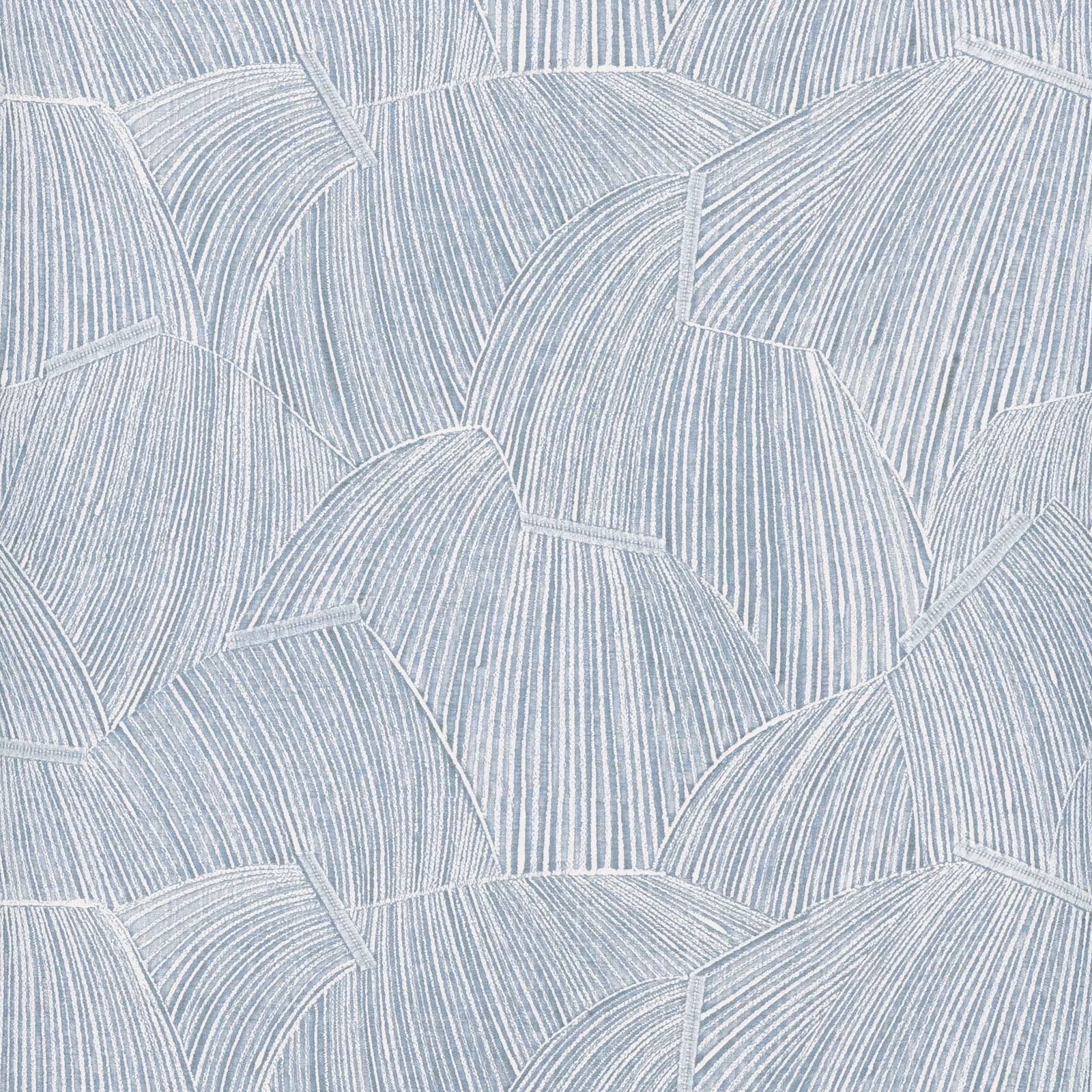 Pale blue-grey wallpaper with overlapping fan panels and fine vertical stripes