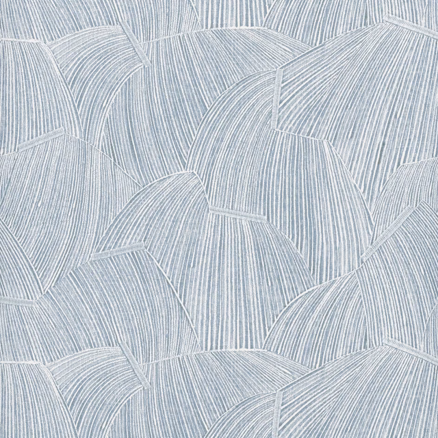 Pale blue-grey wallpaper with overlapping fan panels and fine vertical stripes