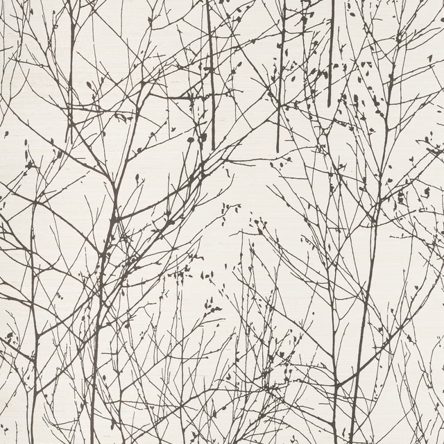 Ivory sisal wallpaper with dense ebony bare branches and tiny scattered buds