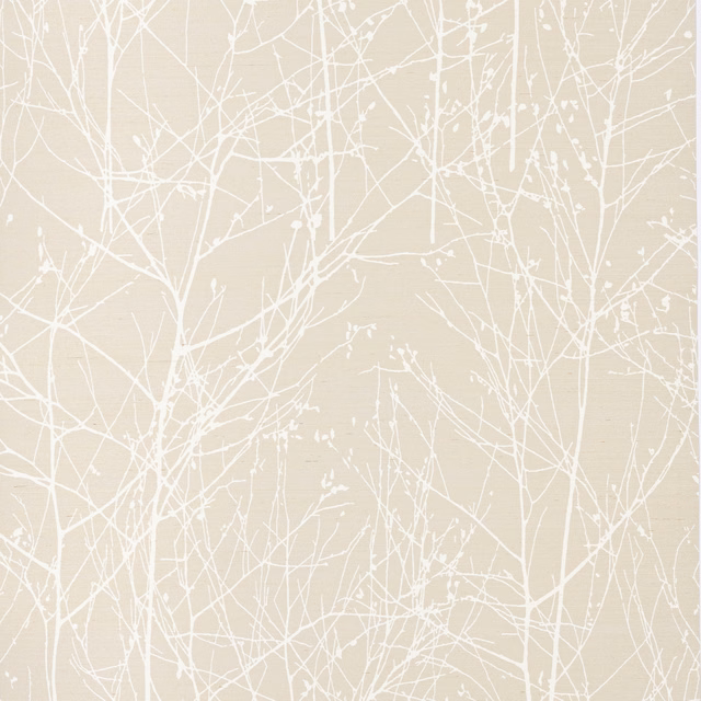 Warm natural beige sisal wallpaper with fine white branching tracery