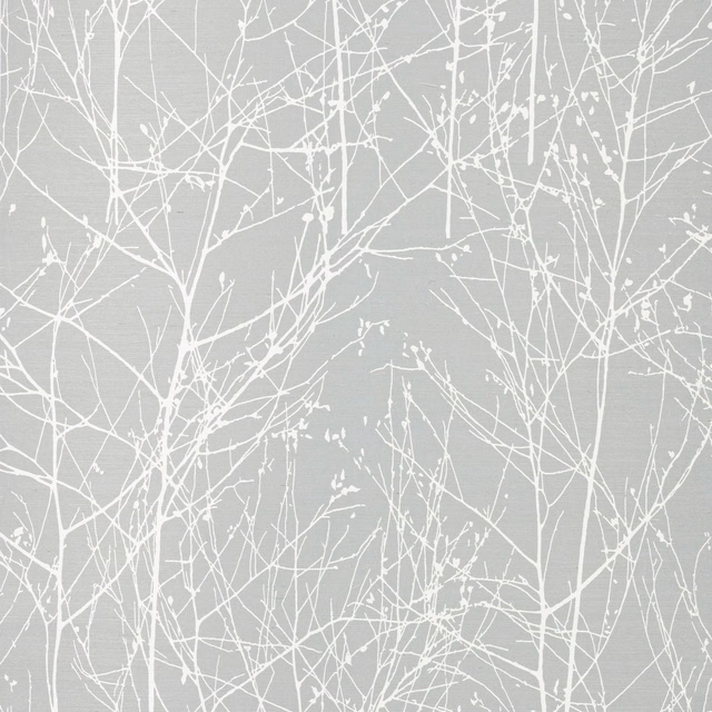 Pale sea-glass wallpaper with white winter branches over a textured sisal ground