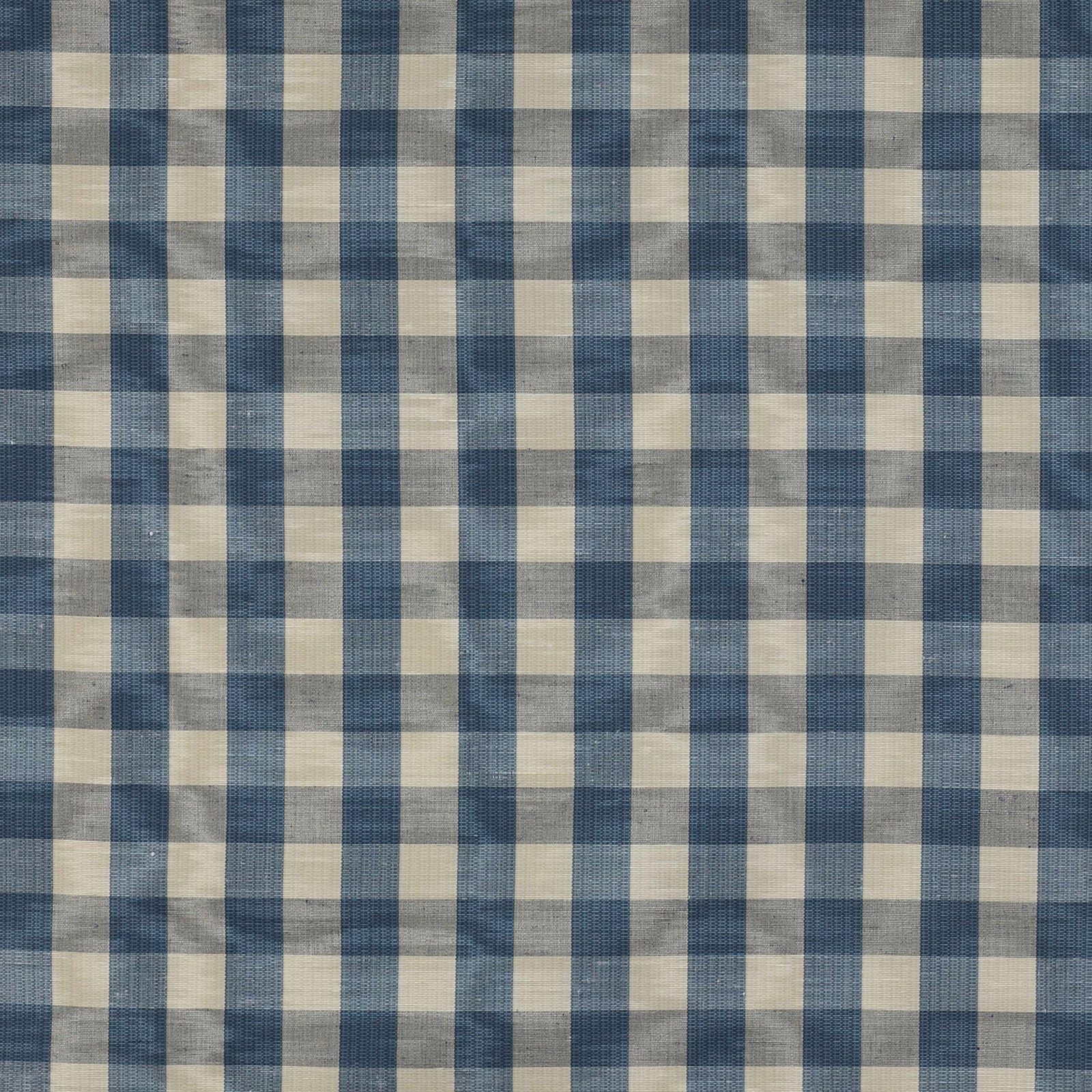 Blue and cream woven check fabric with a soft linen-like texture