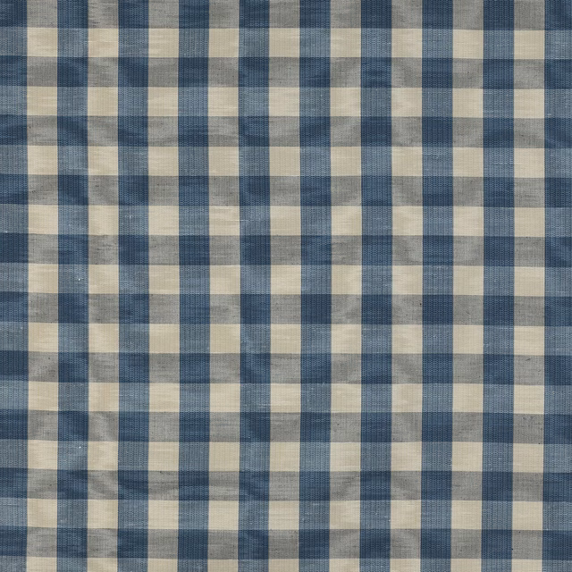 Blue and cream woven check fabric with a soft linen-like texture