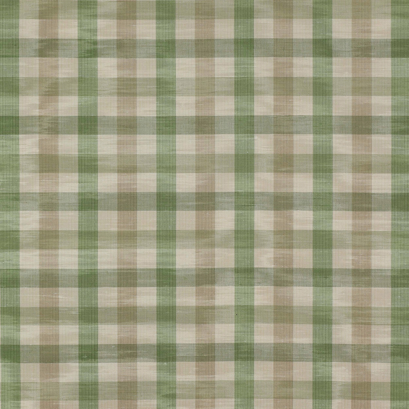 Sage green and beige woven check fabric with a medium-scale plaid texture
