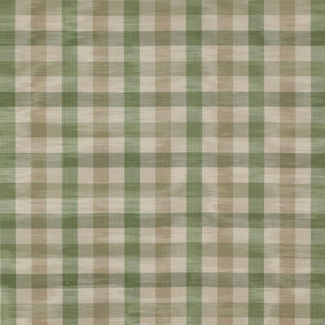 Sage green and beige woven check fabric with a medium-scale plaid texture