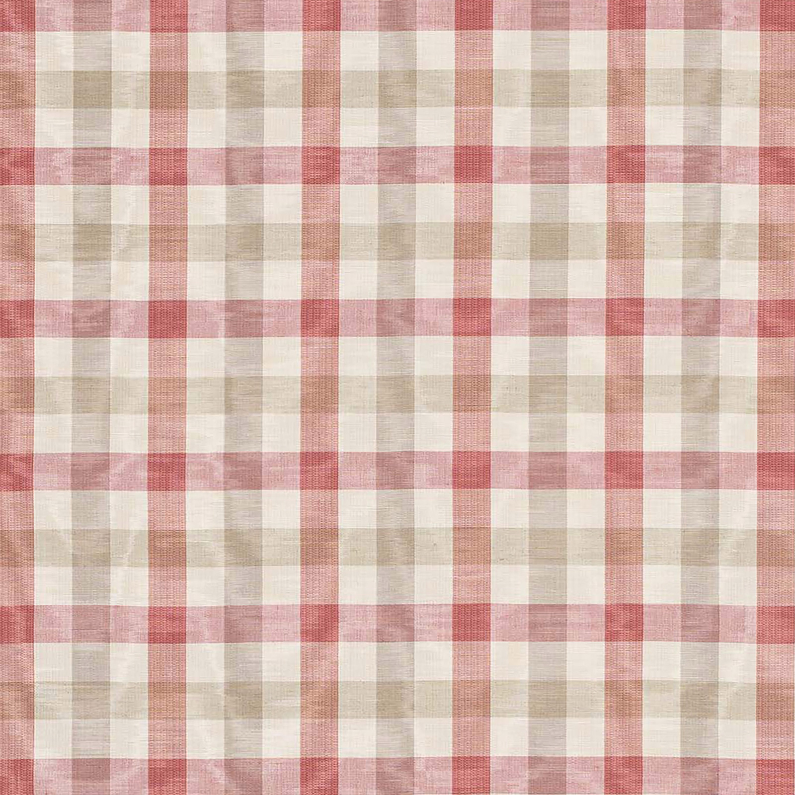 Pink and taupe checked fabric swatch with a soft woven linen texture