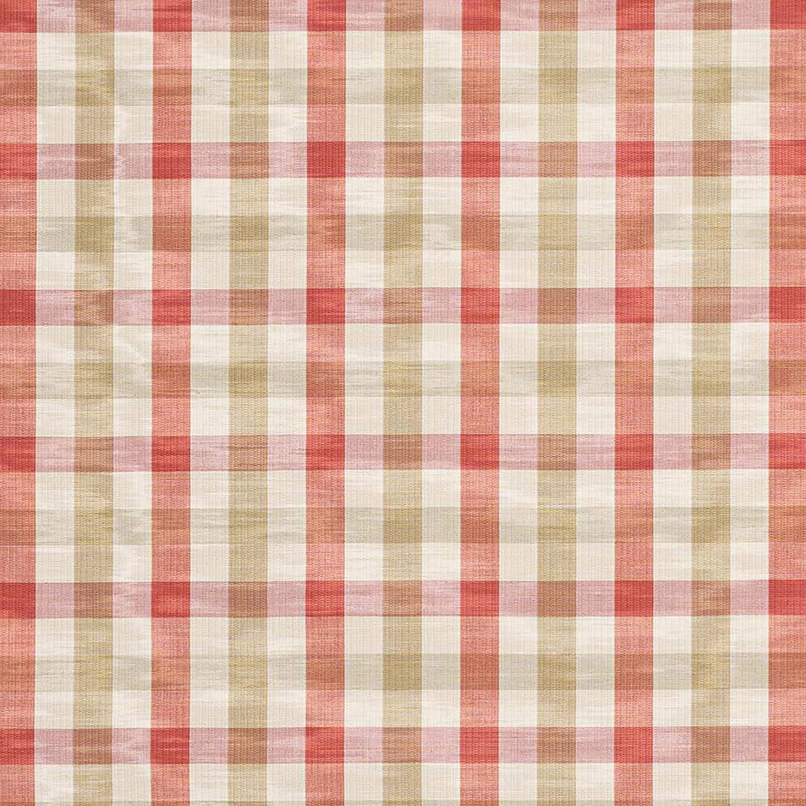 Coral red and sand checked fabric swatch with a soft linen-like weave