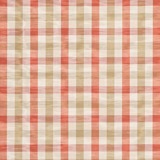 Coral red and sand checked fabric swatch with a soft linen-like weave