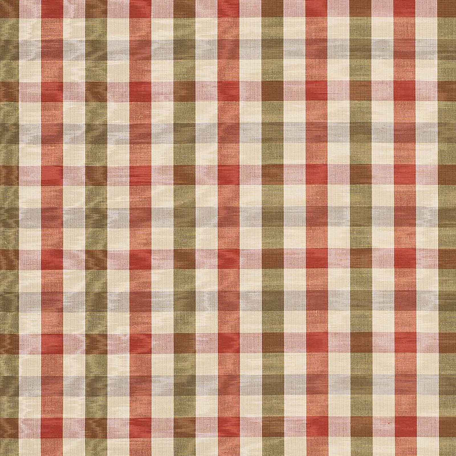 Woven tomato red and olive check fabric swatch with cream grounds