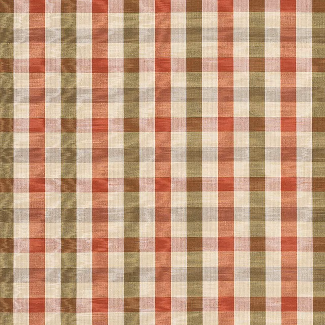 Woven tomato red and olive check fabric swatch with cream grounds