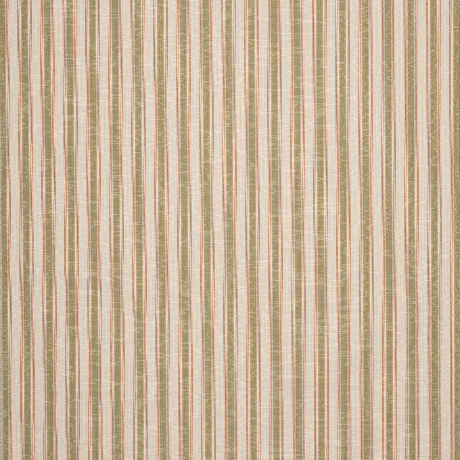 Vertical olive, red and neutral stripe fabric with a lightly slubbed weave