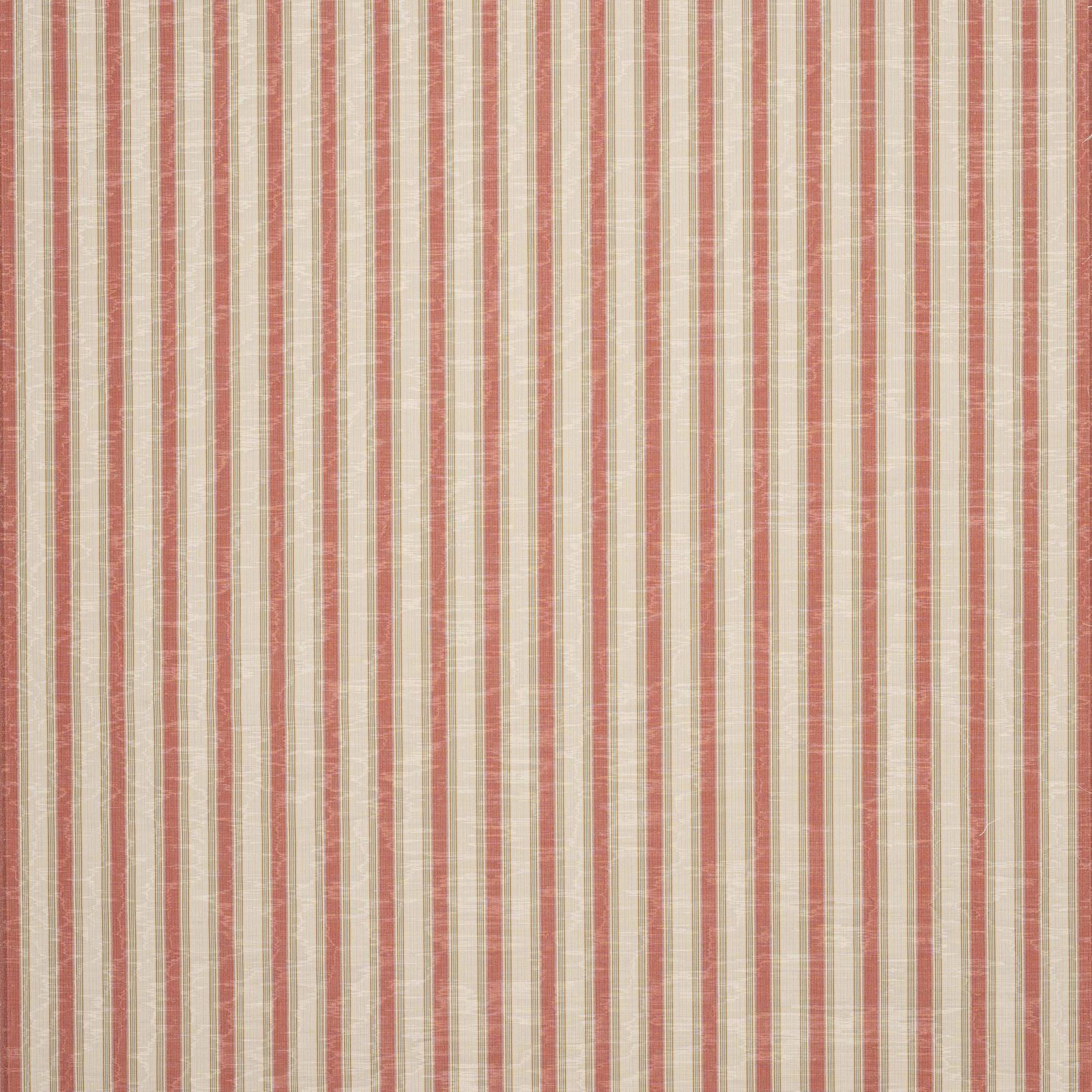 Vertical red and green striped fabric swatch on a cream ground with fine slub texture