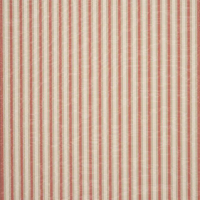 Vertical red and green striped fabric swatch on a cream ground with fine slub texture