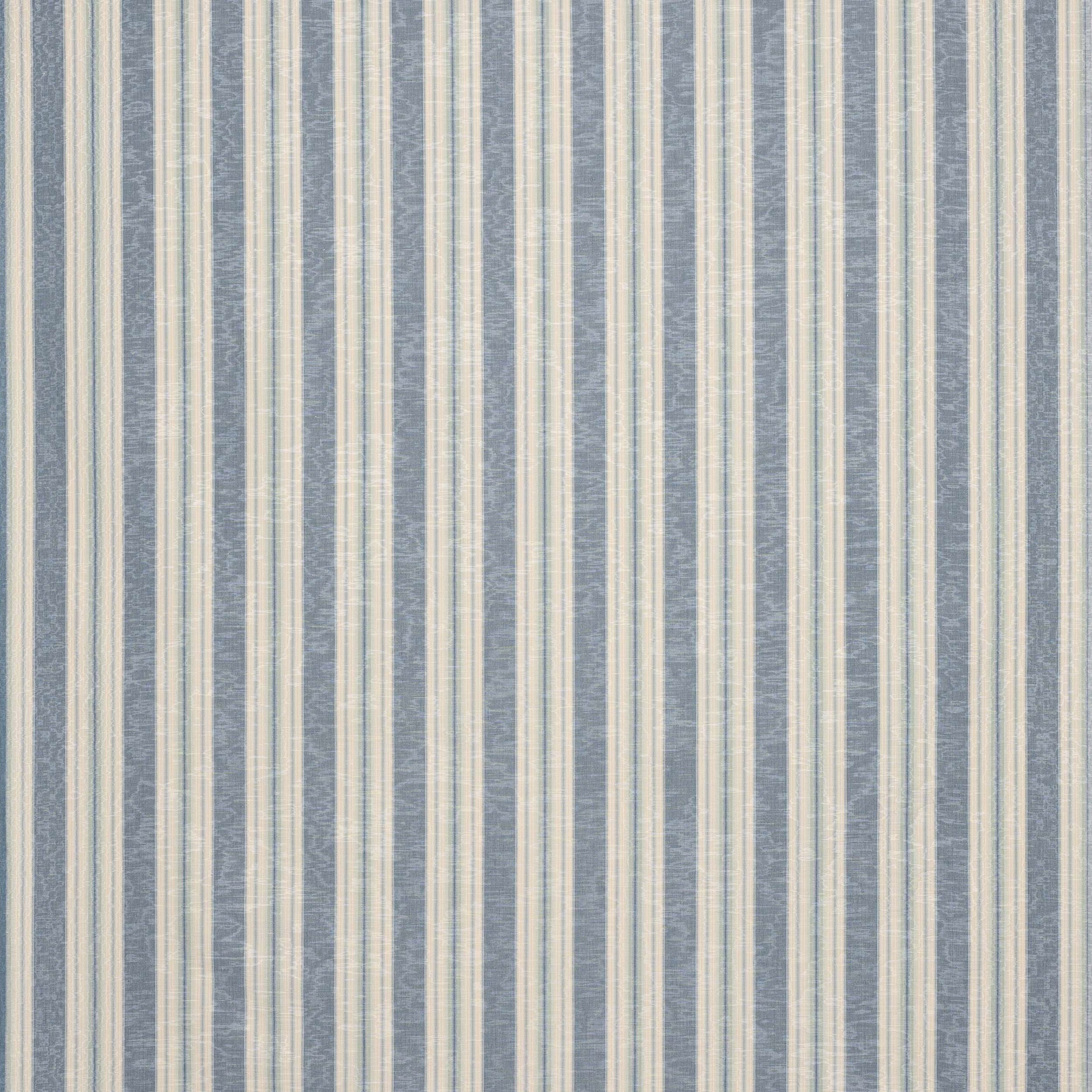 Vertical blue and ivory striped fabric swatch with a soft woven texture