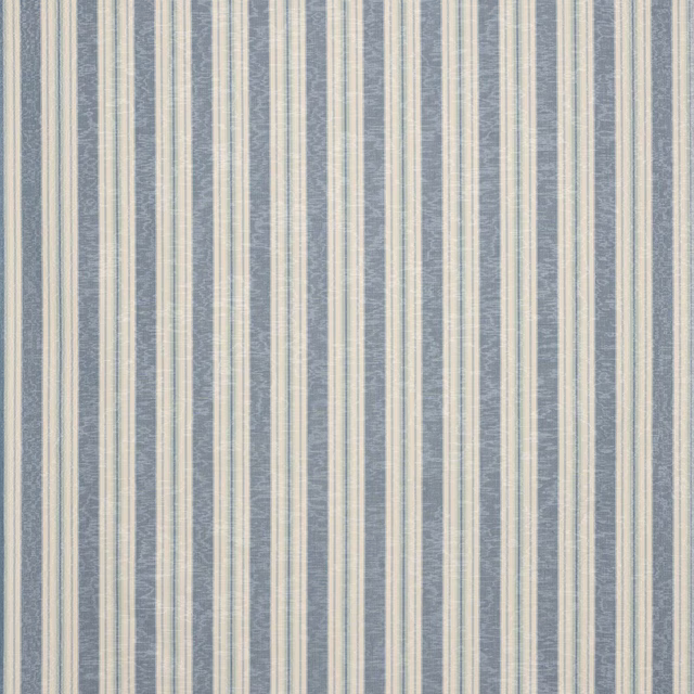 Vertical blue and ivory striped fabric swatch with a soft woven texture