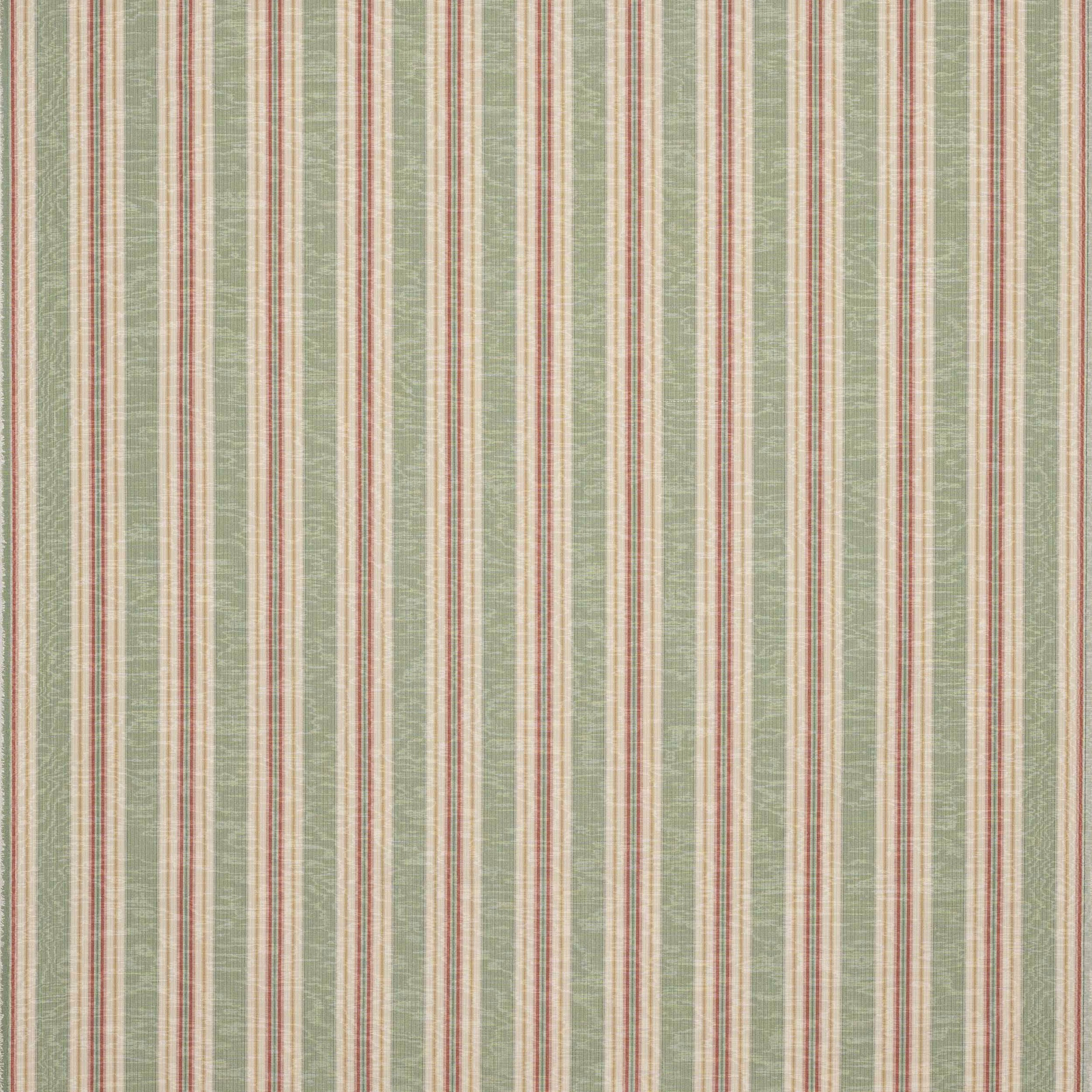 Green and red vertical stripe fabric with cream bands and slubbed weave