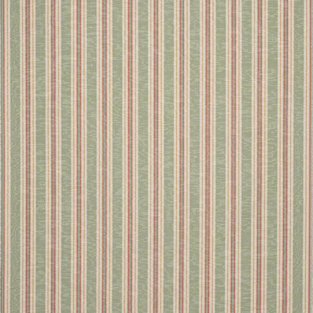Green and red vertical stripe fabric with cream bands and slubbed weave