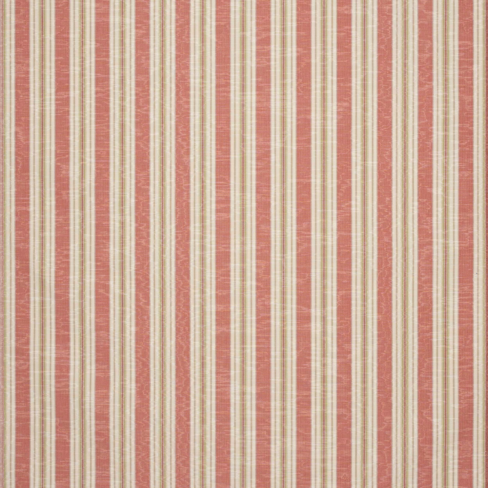 Vertical tomato red and olive stripe fabric with narrow cream bands and a softly slubbed weave