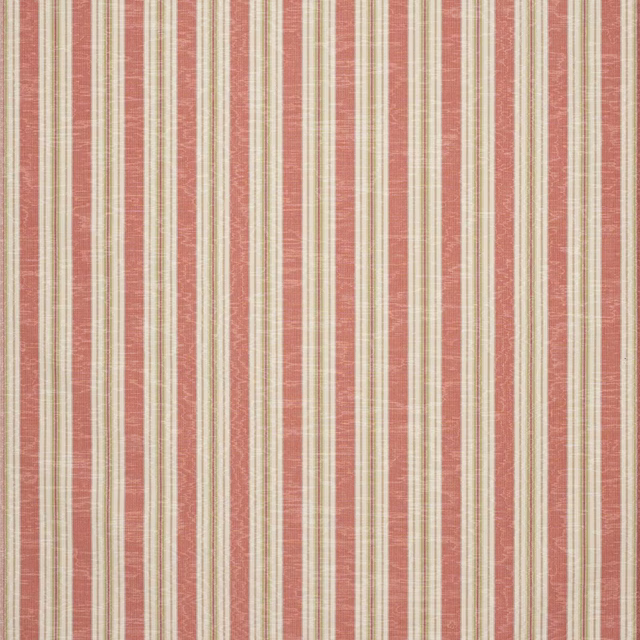 Vertical tomato red and olive stripe fabric with narrow cream bands and a softly slubbed weave