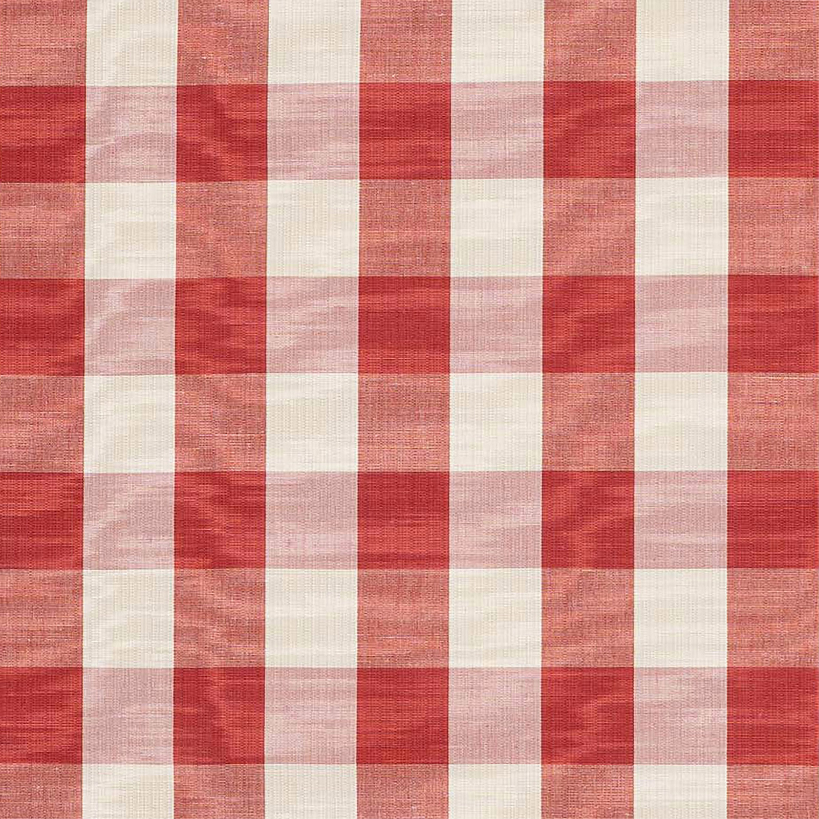 Brick red and cream checked fabric swatch with woven texture
