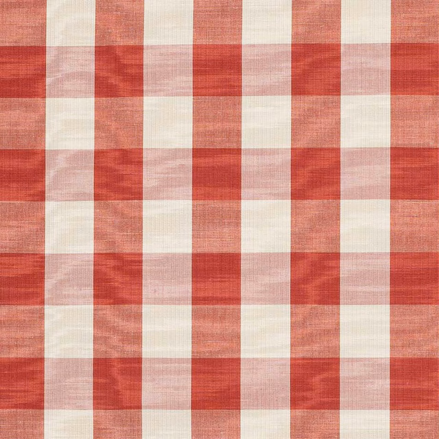 Brick red and cream checked fabric swatch with woven texture