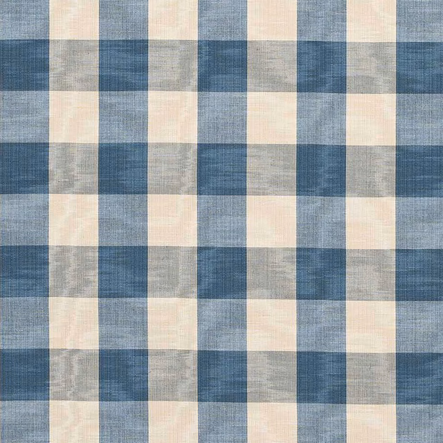 Blue and cream woven check fabric with a soft textured surface