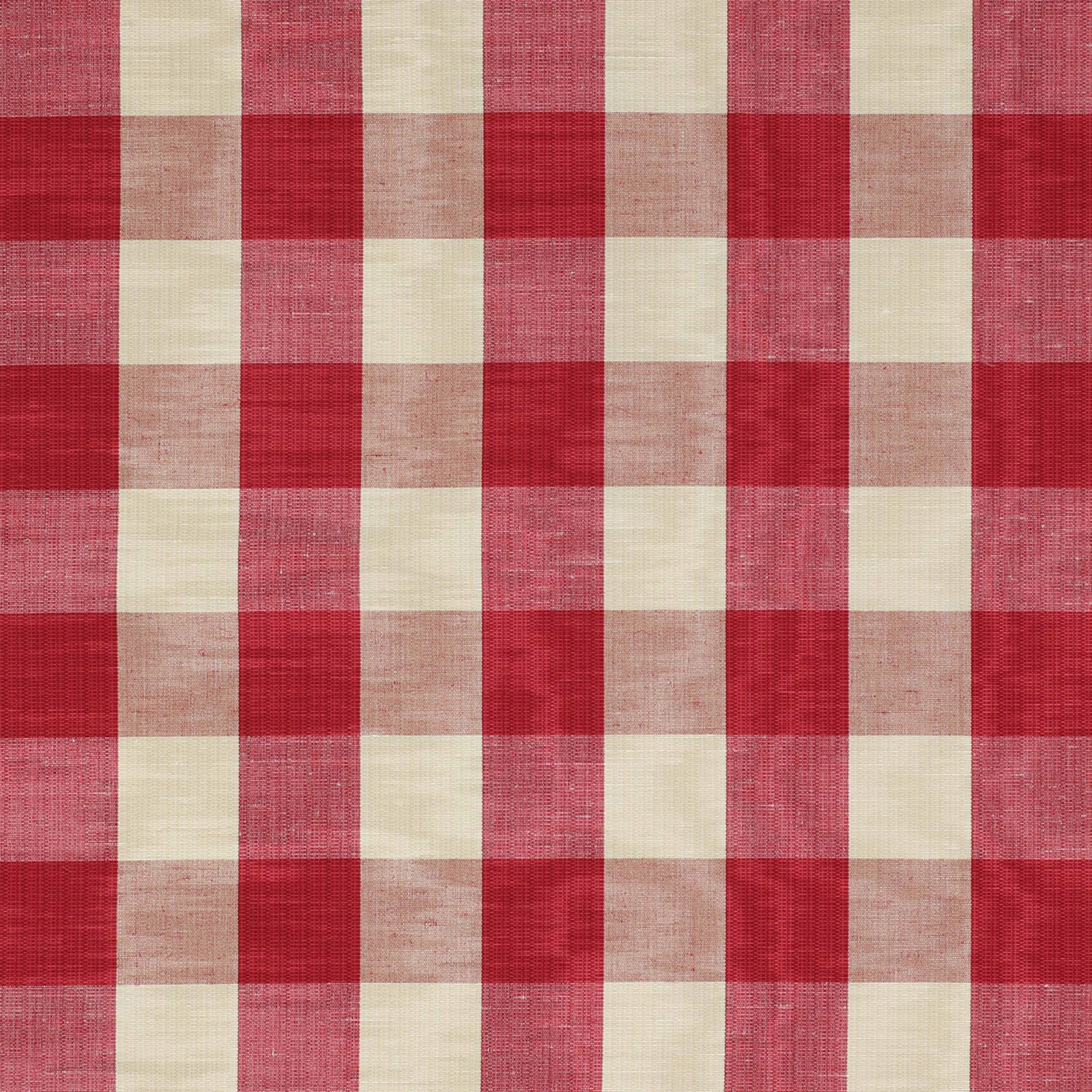 Red and cream checked fabric swatch with a linen-textured weave
