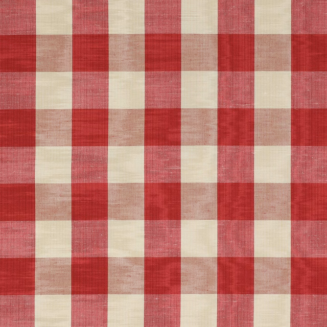 Red and cream checked fabric swatch with a linen-textured weave