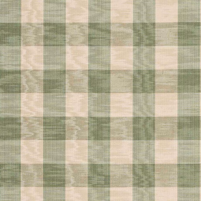 Green and cream checked fabric swatch with a softly slubby woven texture