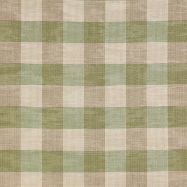 Muted green and beige woven check fabric with soft linen texture