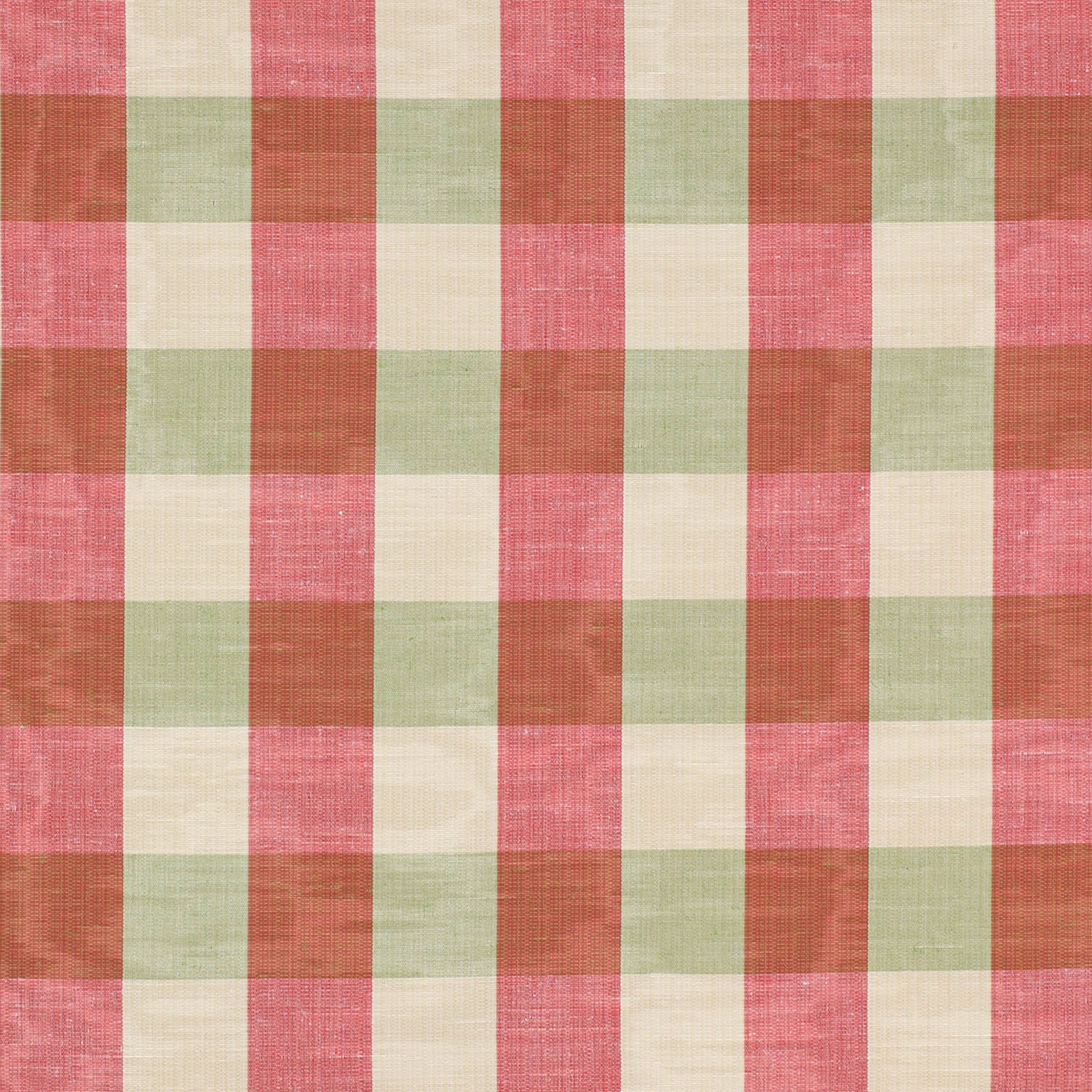 Large woven check fabric in rose red, soft green and cream with a lightly textured surface